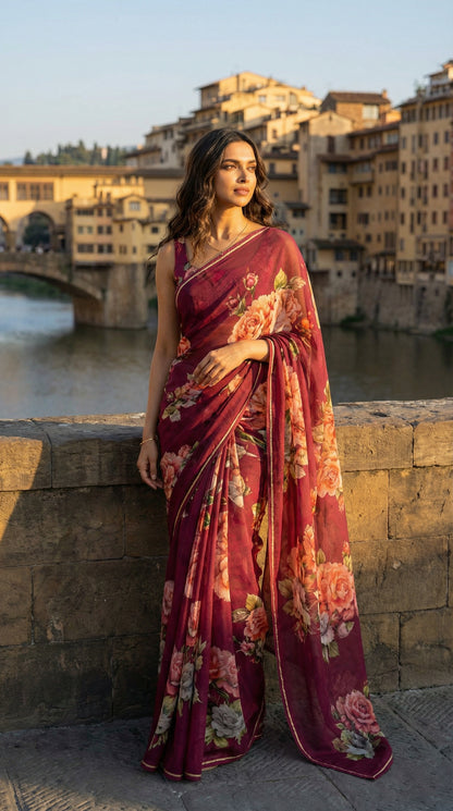 Woman in a wine chiffon saree with floral prints, standing on a stone bridge with a cityscape in the background.