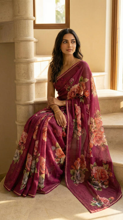 Woman in a wine chiffon saree with floral prints, sitting on a staircase.