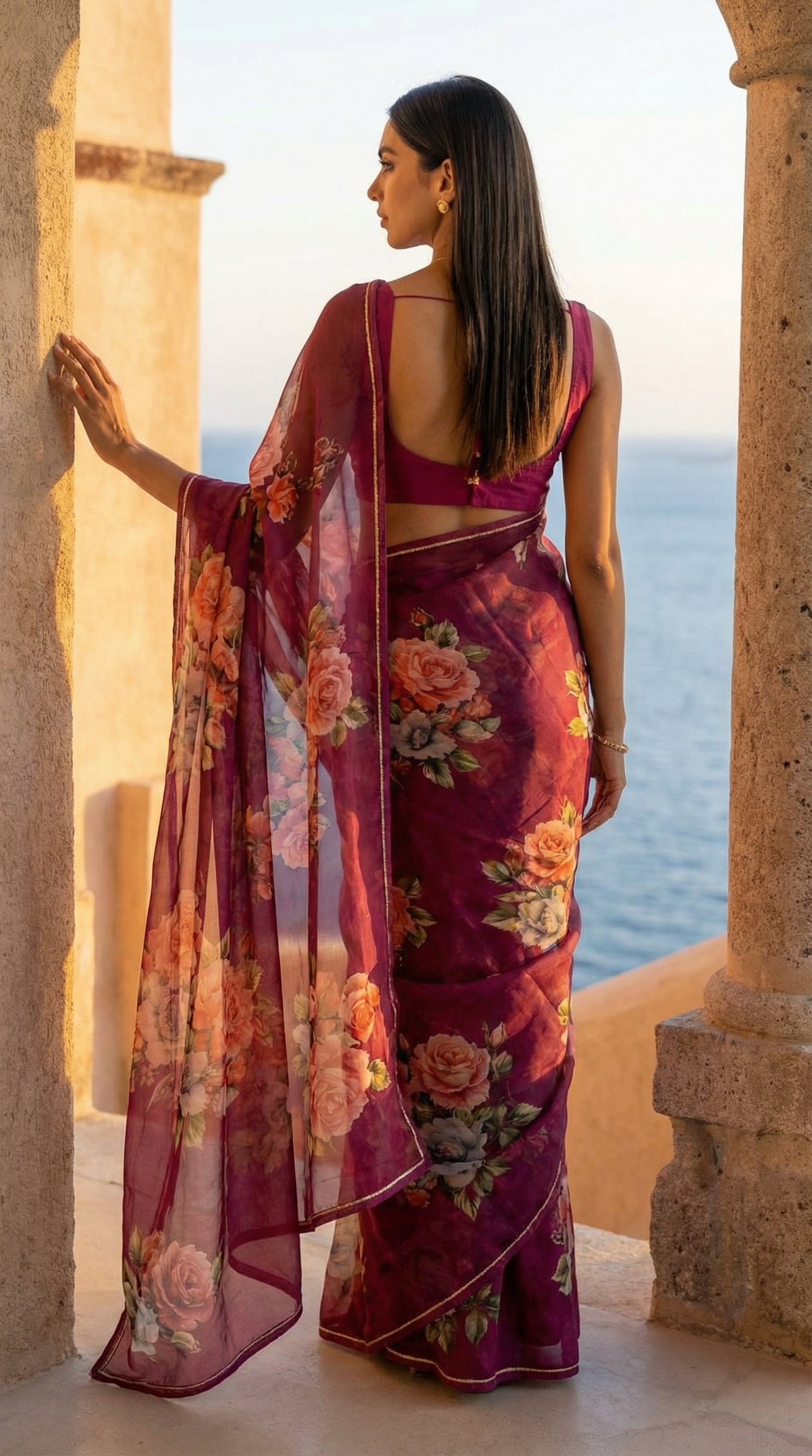 Woman in a wine chiffon saree with floral prints, standing by a stone structure with a scenic background.