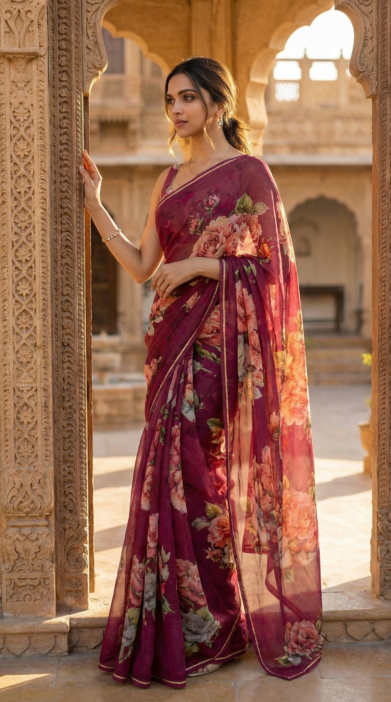 Woman in a wine chiffon saree with floral prints, standing in an architectural setting.