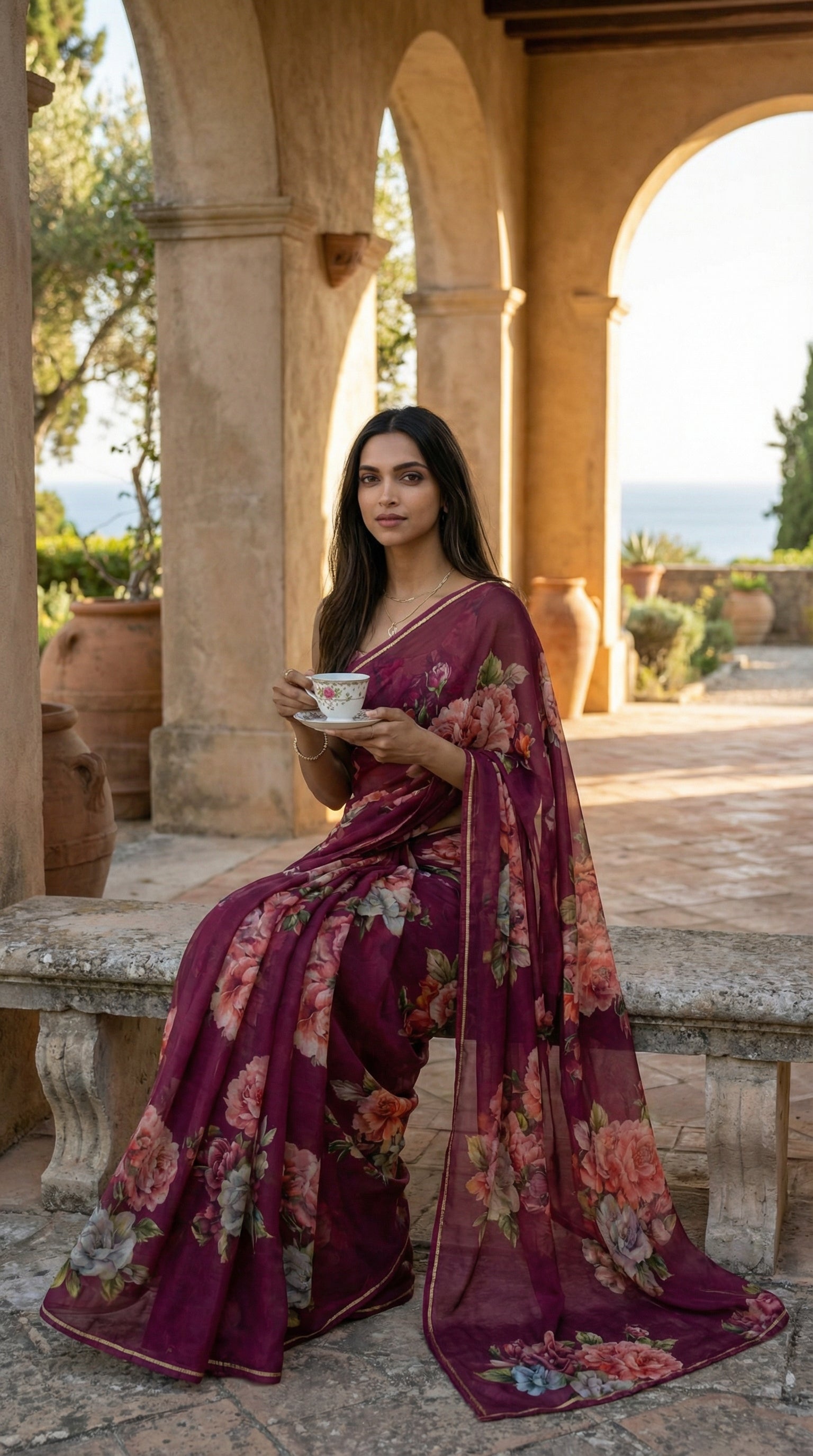 Woman in a wine chiffon saree with floral prints, sitting under an archway with a scenic background