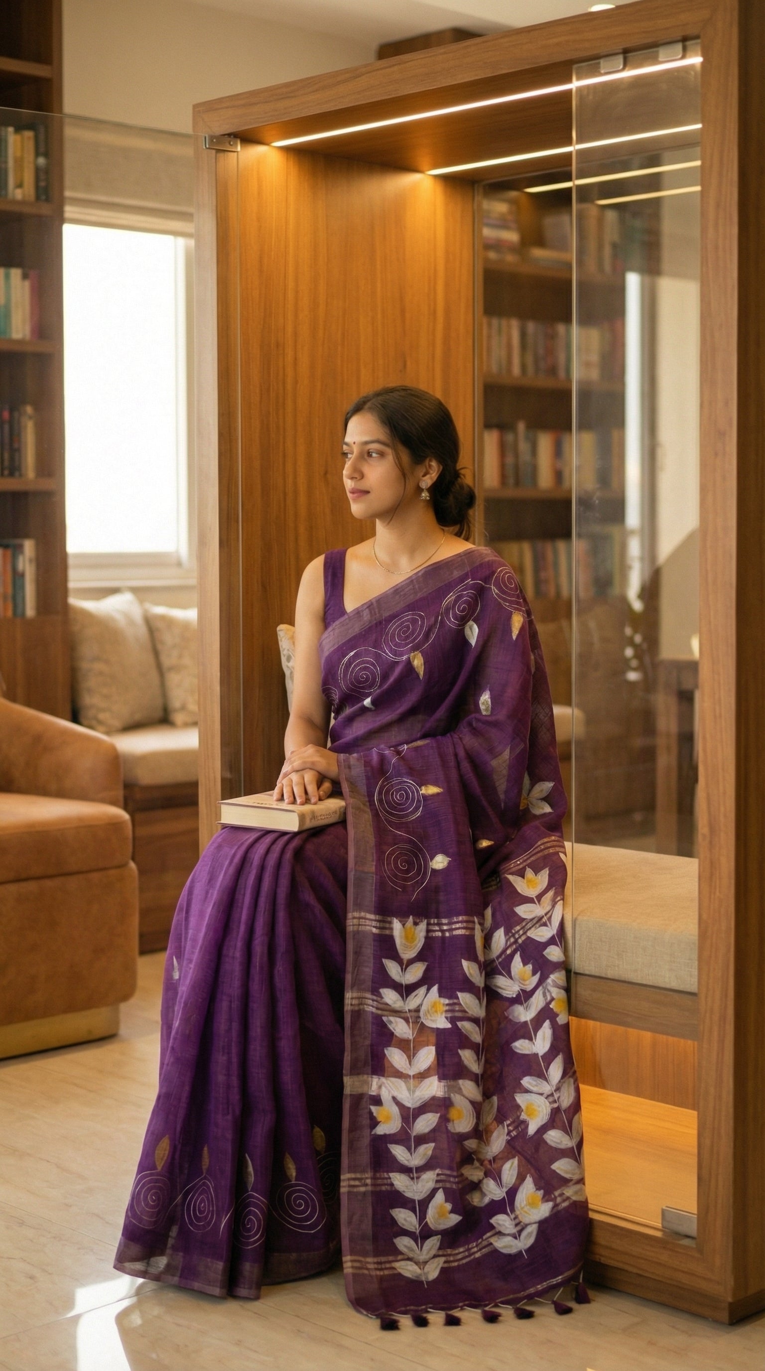 Woman in a wine hand painted cotton linen saree with floral motifs and tassel pallu, sitting in a room with a bookshelf and sofa.