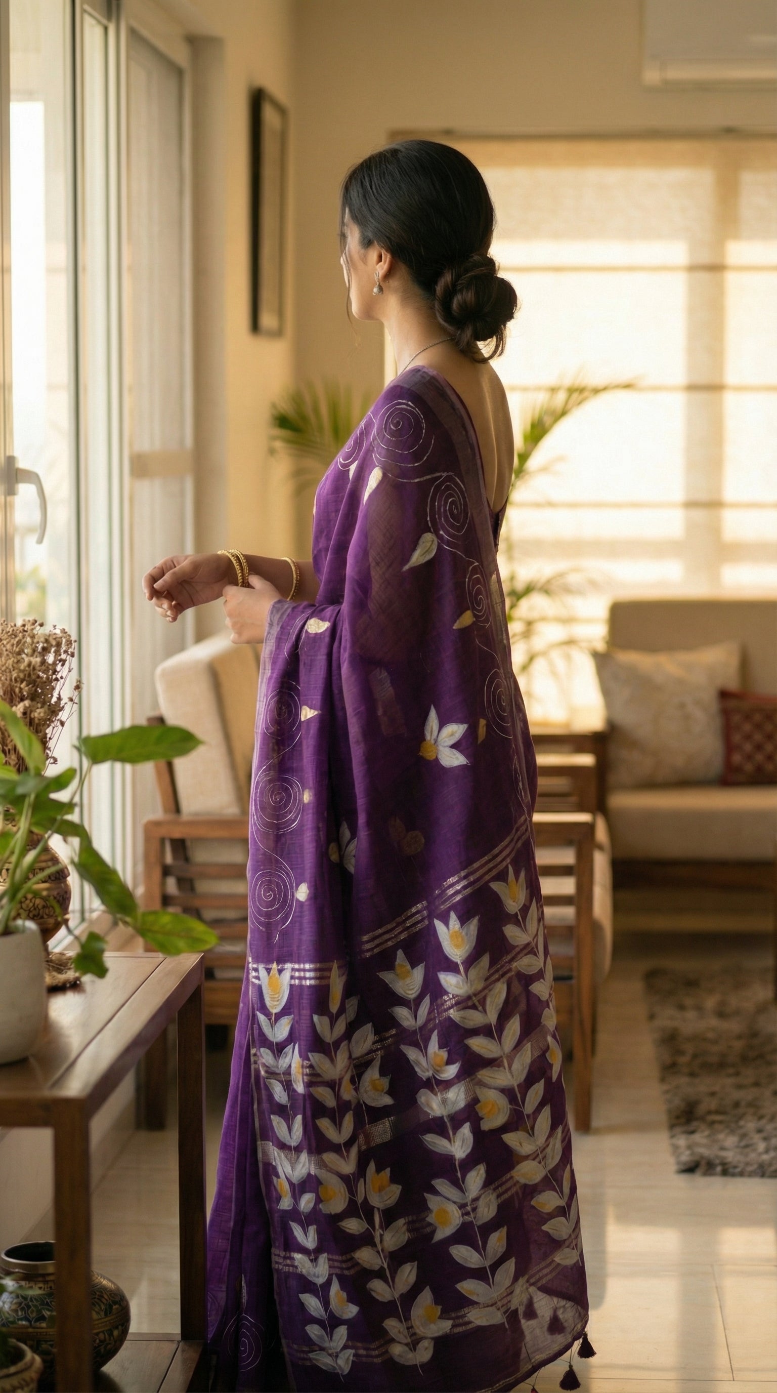 Woman in a wine hand painted cotton linen saree with floral motifs and tassel pallu, standing in a well-lit room.