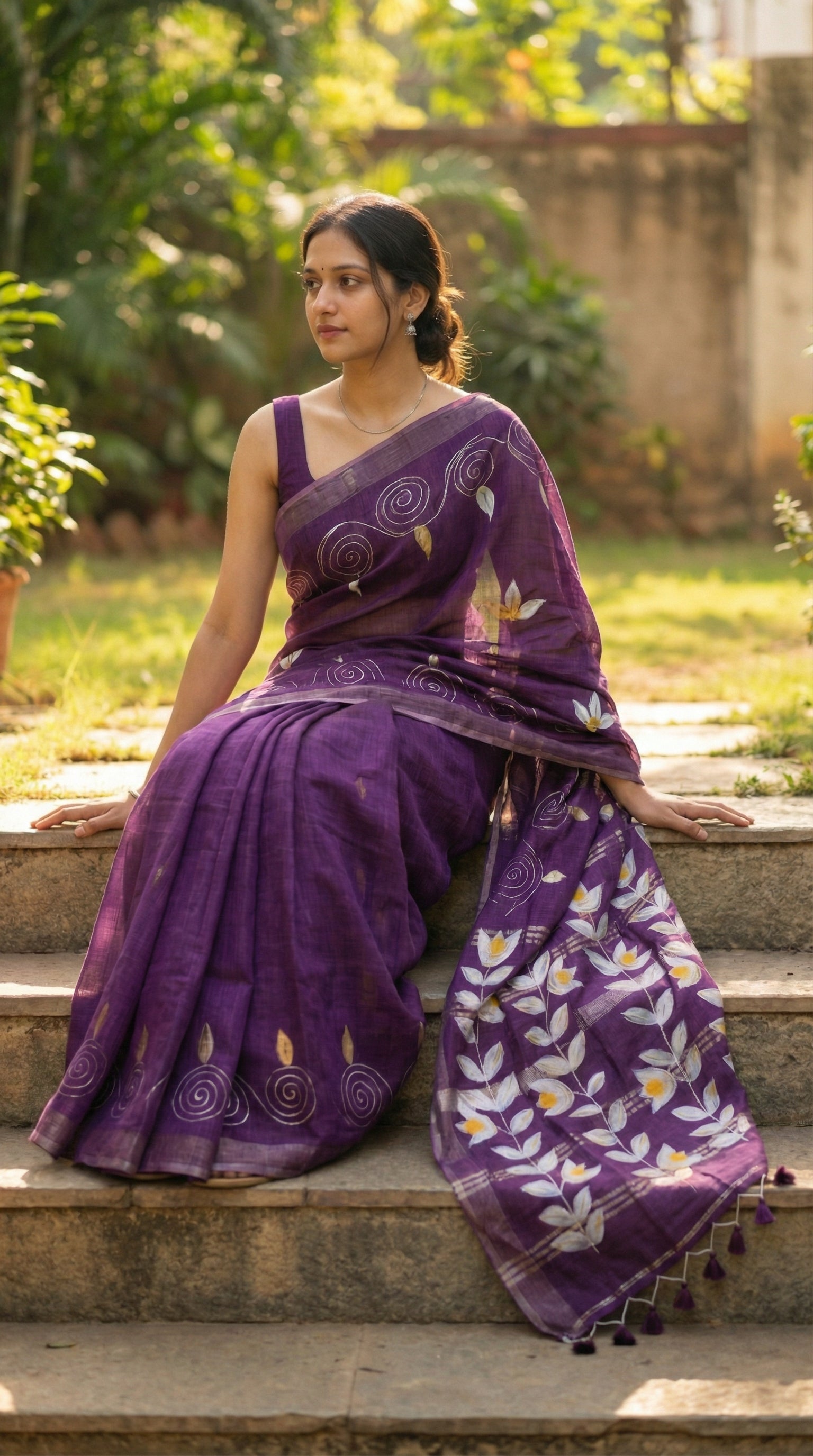 Woman in a wine hand painted cotton linen saree with floral motifs and tassel pallu, sitting on steps outdoors.