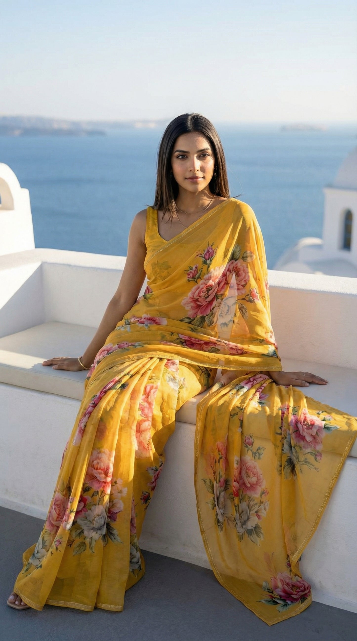 Woman in a yellow chiffon saree with floral prints, sitting on a white ledge with ocean view.