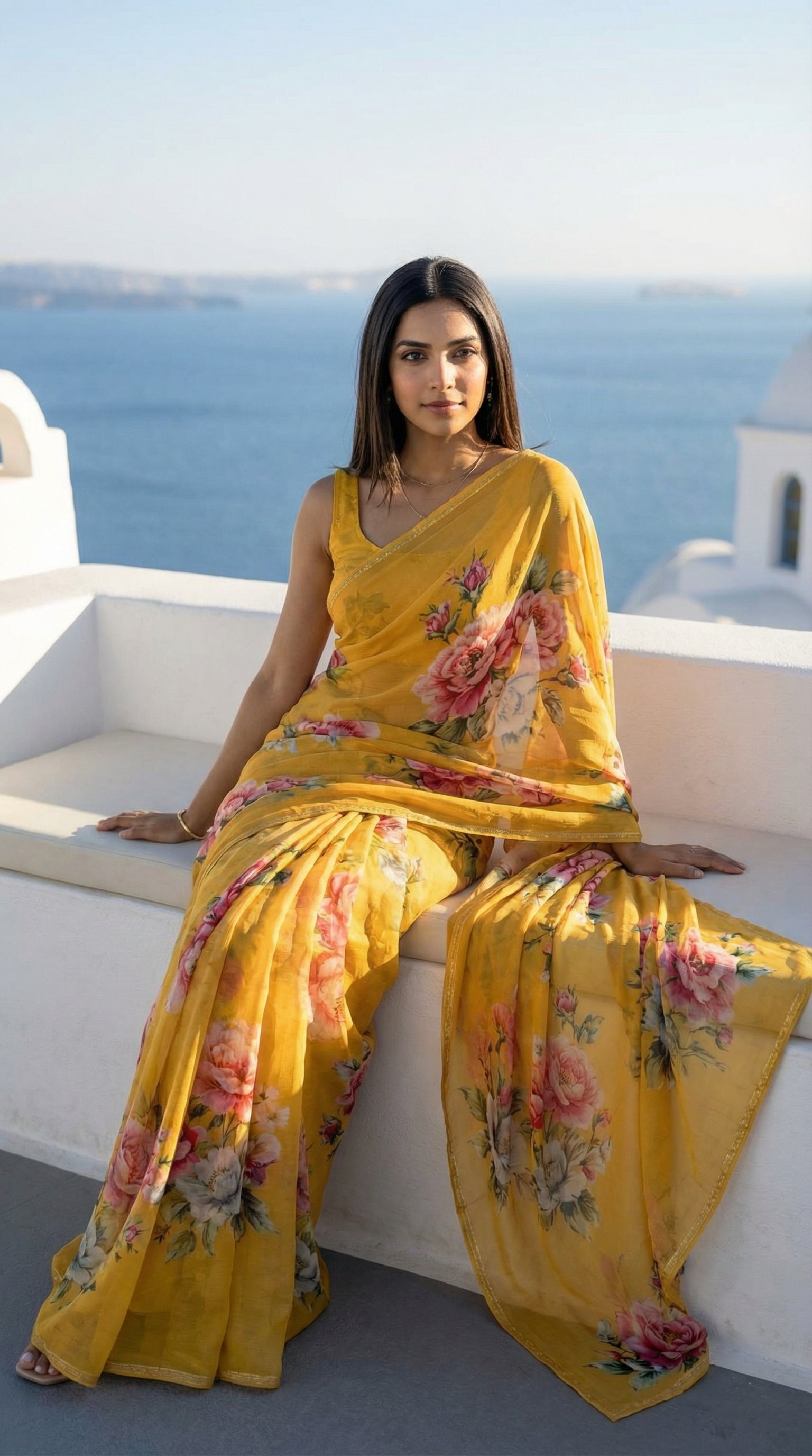 Woman in a yellow chiffon saree with floral prints, sitting on a white ledge with ocean view.