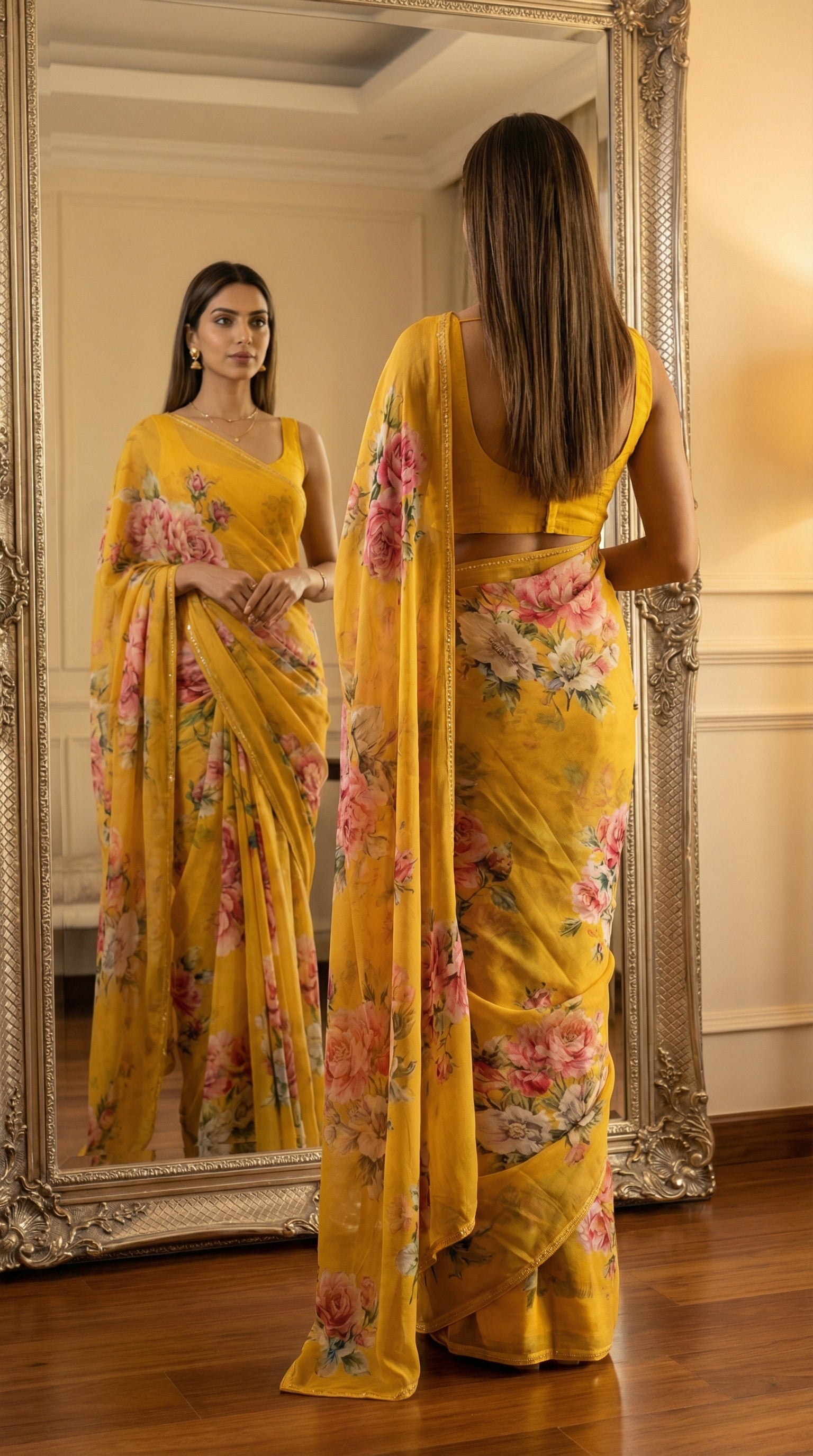 Woman in a yellow chiffon saree with floral prints, standing in front of a mirror.