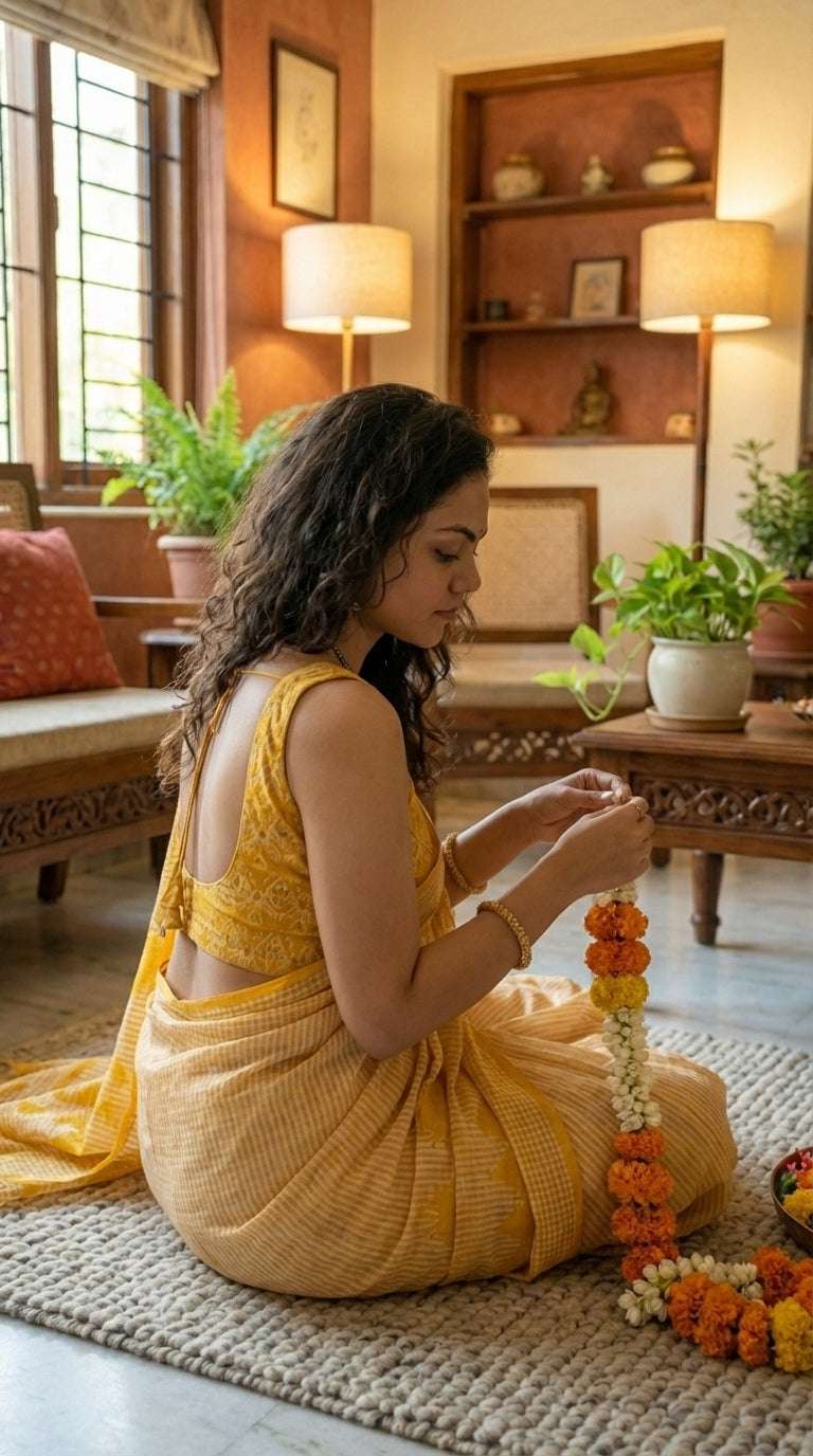 Woman in a yellow-floral-cotton-applique, sitting on the floor in a living room.