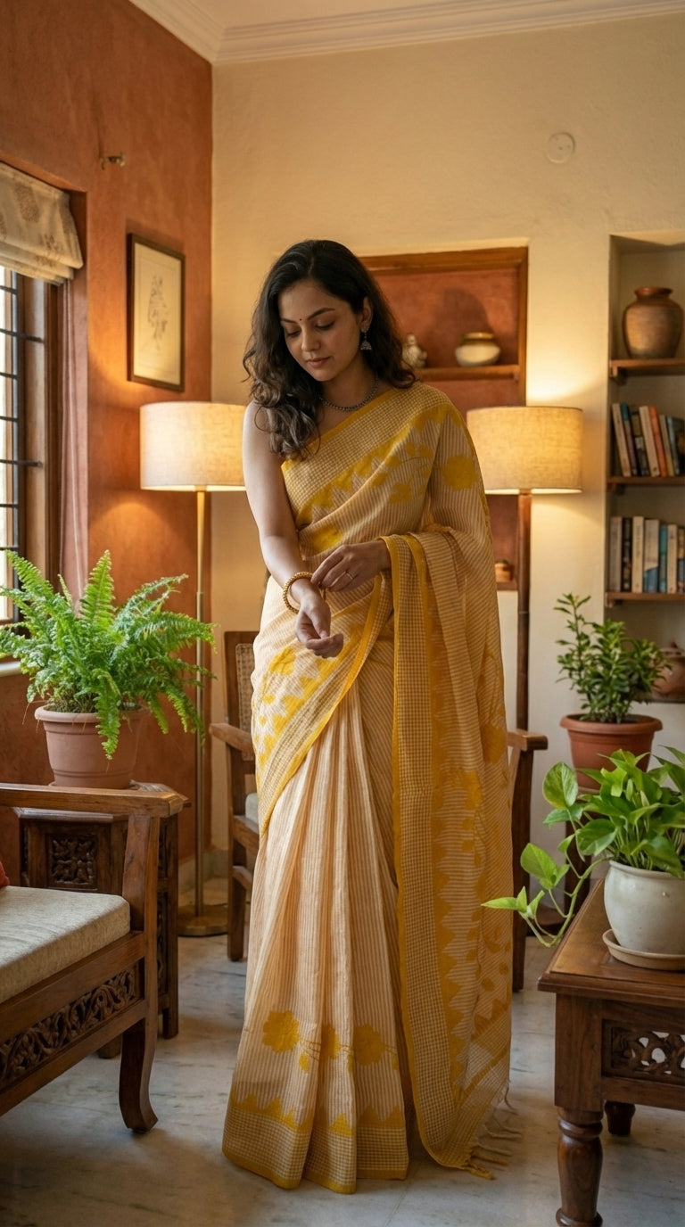 Woman in a yellow saree standing in a room with wooden furniture and plants.
