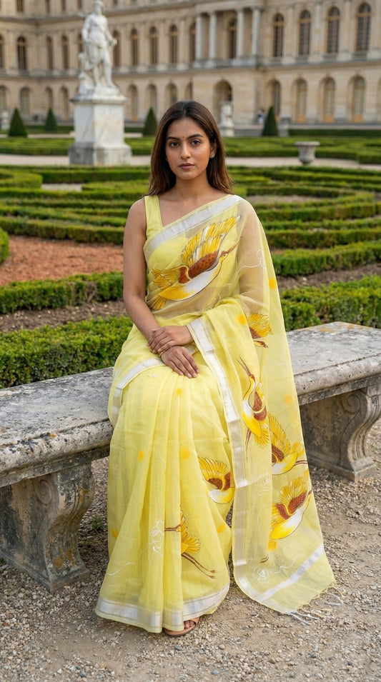 Woman in a yellow-kota-doria-crane-saree, sitting on a stone bench in an elegant garden setting.