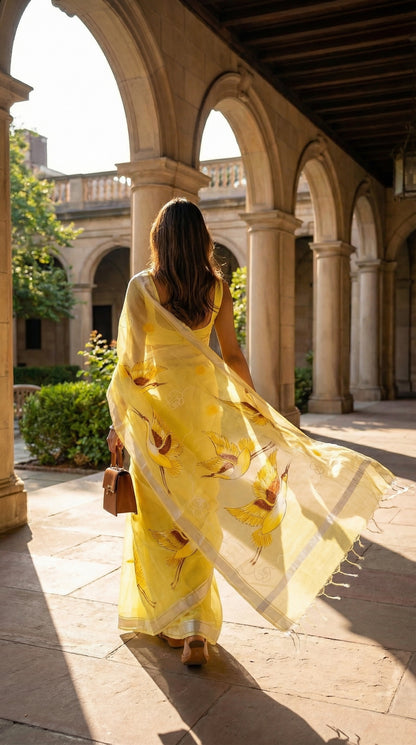 Woman in a yellow-kota-doria-crane-saree, walking through an architectural courtyard.