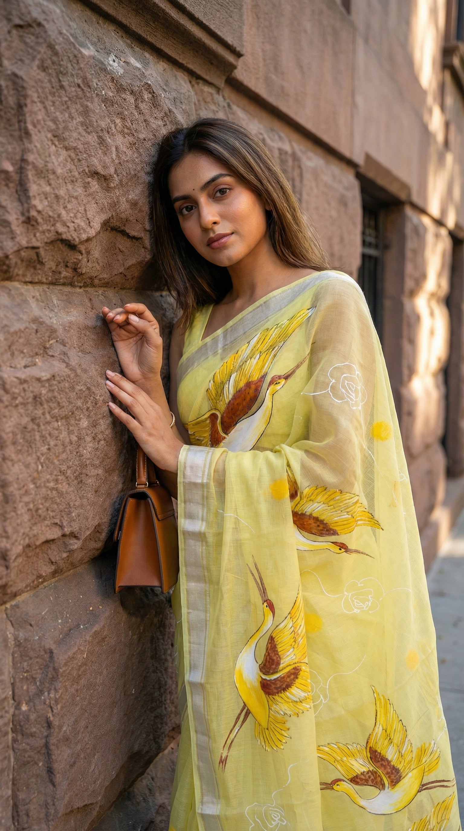 Woman in a yellow-kota-doria-crane-saree, against a stone wall.