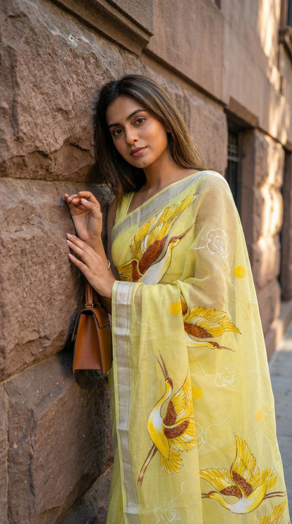 Woman in a yellow-kota-doria-crane-saree, against a stone wall.