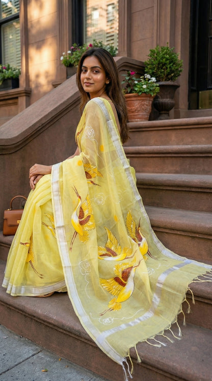 Woman in a yellow-kota-doria-crane-saree, sitting on steps.
