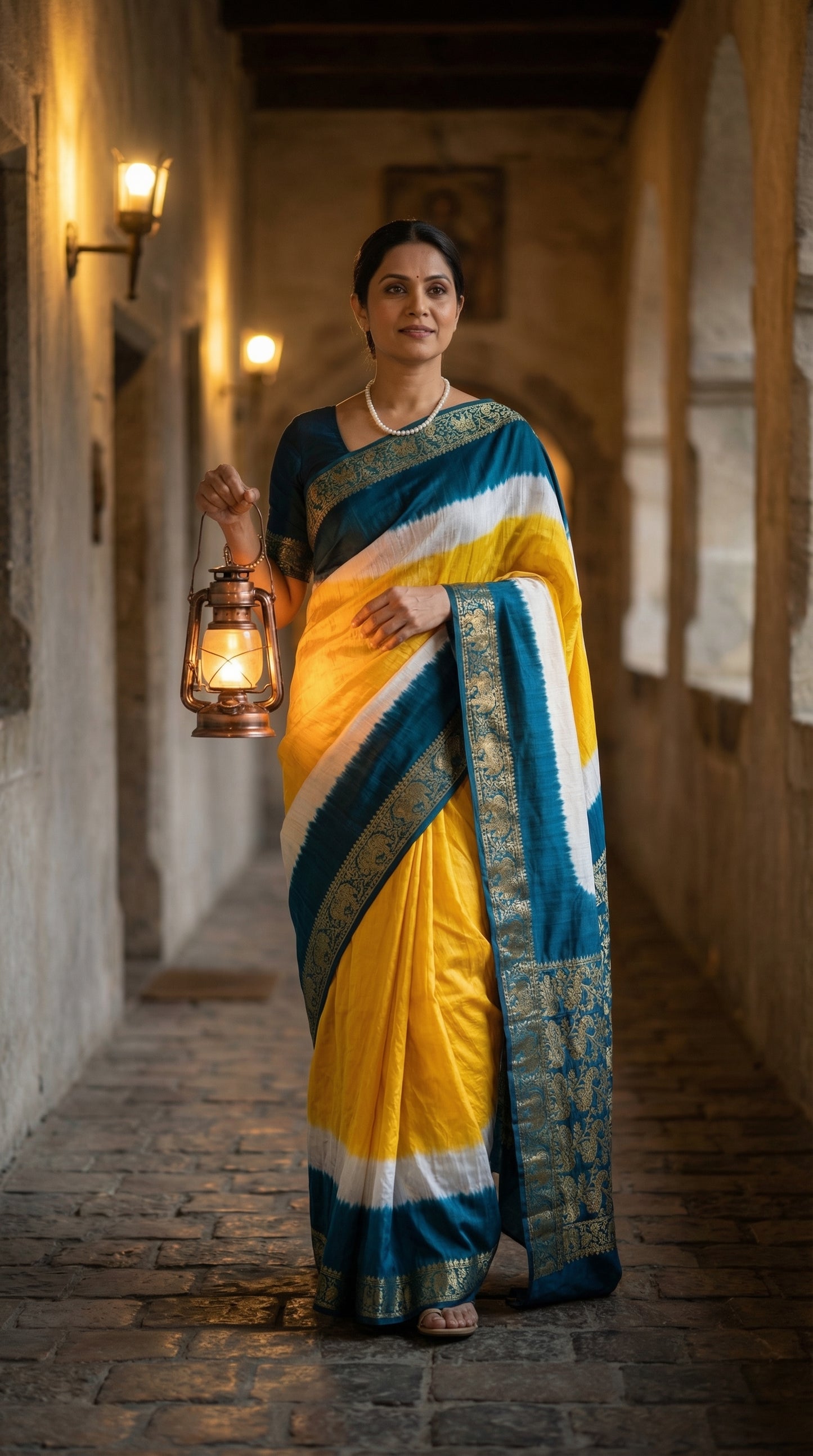 Woman wearing a yellow modal silk saree with teal Zari border and brocade pallu, holding a lantern in an indoor setting.