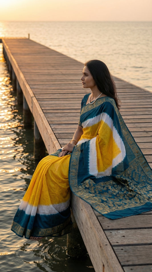 Woman wearing a yellow modal silk saree with teal Zari border and brocade pallu, sitting on a wooden dock by the water at sunset.