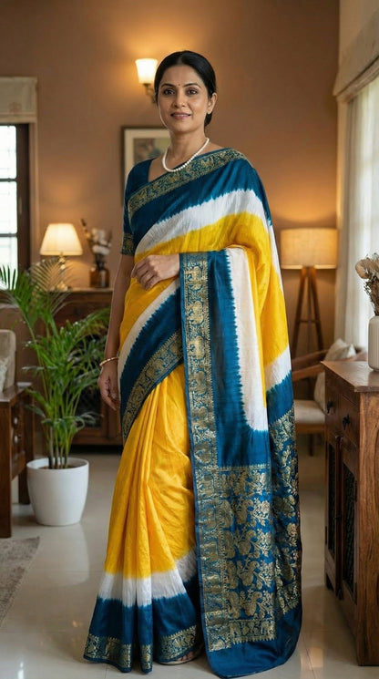 Woman wearing a yellow modal silk saree with teal Zari border and brocade pallu, in a well-lit room with decor elements.