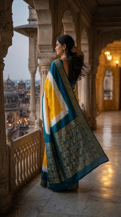 Woman wearing a yellow modal silk saree with teal Zari border and brocade pallu, standing on a balcony with architectural background