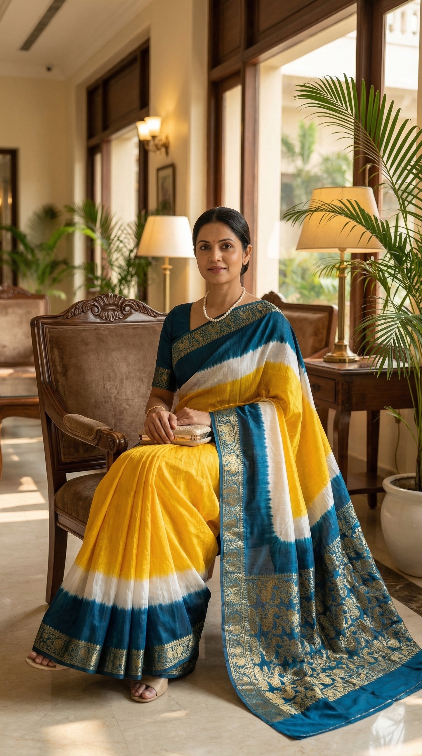 Woman wearing a yellow modal silk saree with teal Zari border and brocade pallu, sitting on a chair in a room.